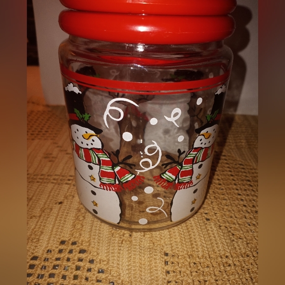 Vintage KIG Indonesia Glass jar with plastic lid snowman design - Picture 3 of 6